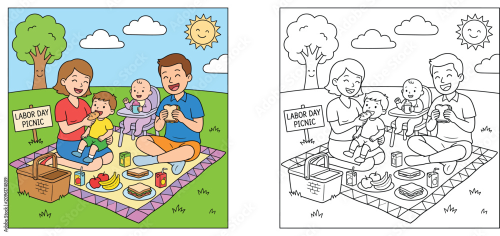 Fototapeta premium Labor Day picnic coloring page for kids with colored example, happy cartoon family having a picnic vector illustration.