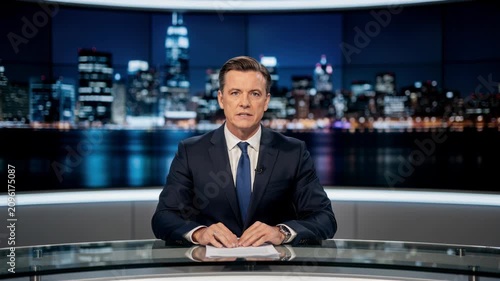 Professional male news anchor delivering evening broadcast with city skyline background in modern studio