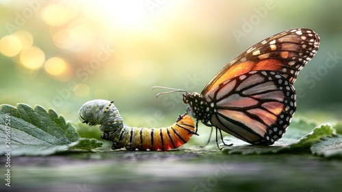 Monarch butterfly with caterpillar in natural habitat.