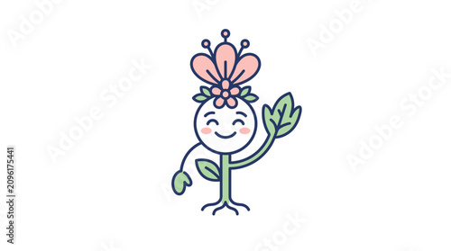 Billede på lærred A cute cartoon flower character waving its leaf hand in a friendly manner