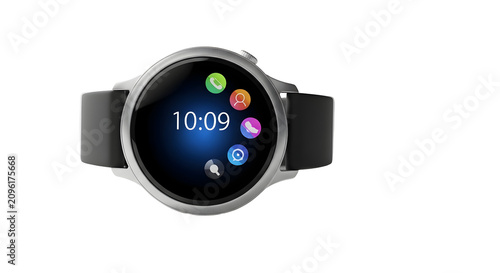Silver smartwatch with black strap displaying a digital clock face and app icons studio shot