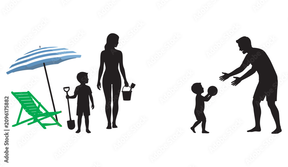 Obraz premium Family Playing Ball and Relaxing Under Umbrella Beach Silhouettes Vector