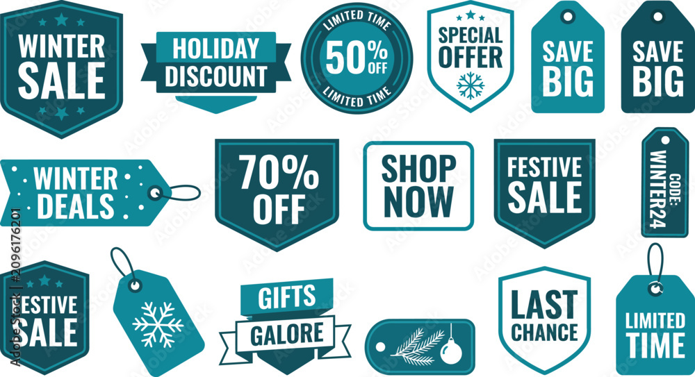 Obraz premium Winter sale labels and festive holiday discount tags vector