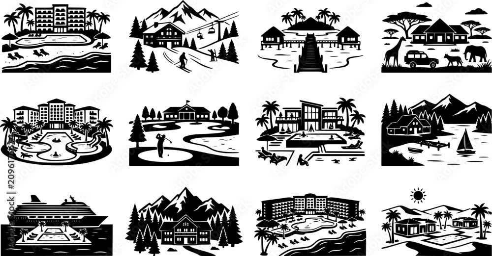 Obraz premium set vector various resorts silhouettes 