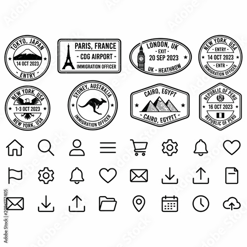 Vector illustration featuring international travel passport stamps from famous cities alongside a diverse set of common digital interface line icons.
