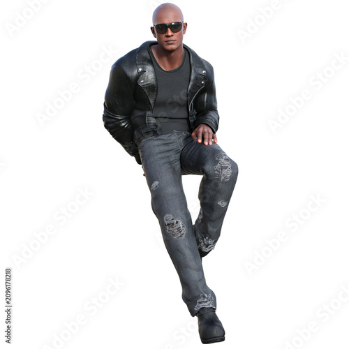 Fotografía 3D rendered muscular bald man walking forward wearing a black leather jacket, t-