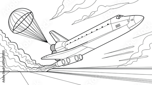 Obraz na plátně Space shuttle landing with drag chute for children coloring book page, featuring