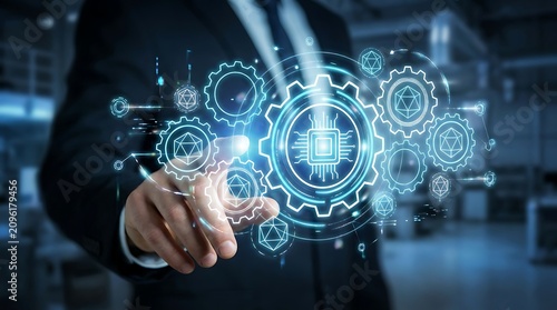 Corporate leader managing digital technology ecosystem with floating virtual gears and smart circuitry