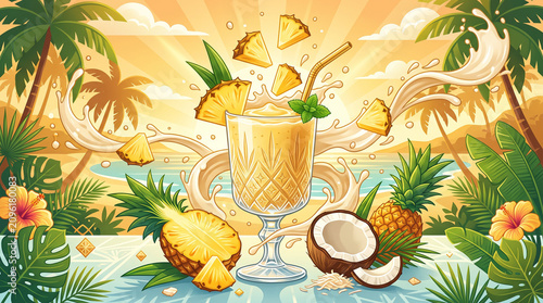Tropical Delight: A refreshing pineapple and coconut drink, garnished with mint and surrounded by fresh fruit and tropical foliage, evokes the spirit of a sunny beach paradise.