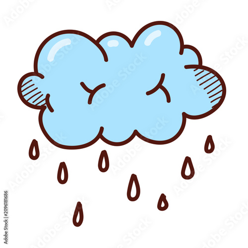 Rainy cloud doodle icon vector isolated. Hand-drawn illustration of a blue cloud, rain droplets falling down. Meteorology symbol of a weather type.