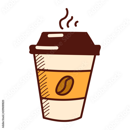 Coffee cup doodle icon vector isolated. Hand-drawn illustration of a takeaway coffee cup. Hot beverage in a paper cup with plastic cover. Latte cappuccino or espresso.