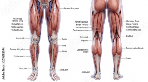 Human leg muscle anatomy front and back view showing quadriceps hamstring group gastrocnemius soleus tibialis anterior femoral artery and major joints