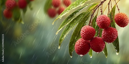 Red lychee fruits on a wet branch in the rain green leaves