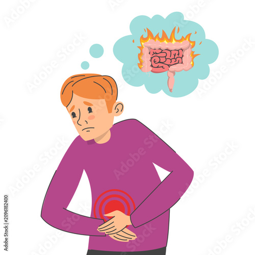 Man suffering from intestine pain vector isolated. Illustration of a male character feeling abdominal pain. Bowel disease.