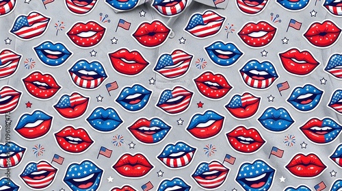Playful Cartoon Lips Pattern Adorned with American Flag Stars and Stripes