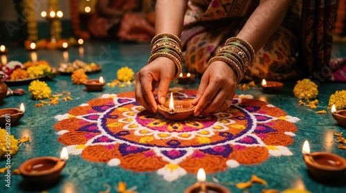 Diwali celebration hands lighting a traditional oil lamp amidst rangoli art