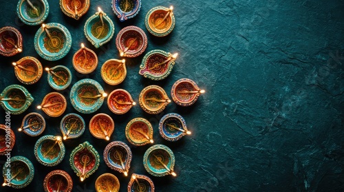 Diwali celebration colorful clay diyas on dark slate background