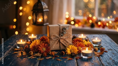 Autumn gift presentation with candles and fall foliage