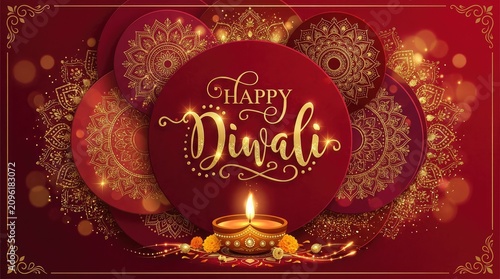 Happy diwali celebration illuminated lamp and intricate mandala design