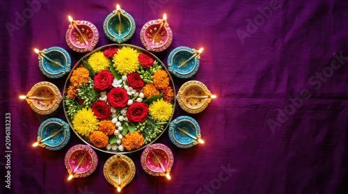 Diwali floral arrangement with diyas festive indian celebration decor