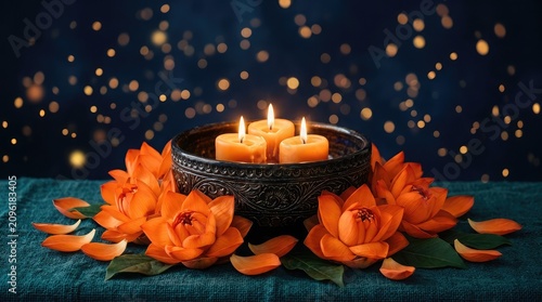 Warm candlelight and lotus blooms a serene still life composition