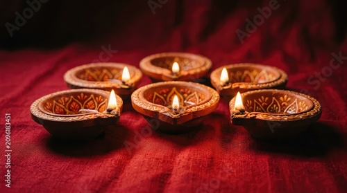 Diwali celebration traditional clay lamps diyas lit against a red background