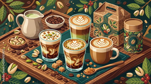 Pistachio lattes infused with brown sugar syrup, roasted pistachios, coffee beans, caramelized sugar crystals, latte art foam, luxury specialty coffee branding, sophisticated packaging artwork.