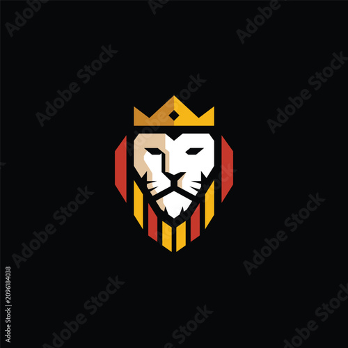 Abstract geometric lion head logo design featuring a prominent golden crown, symbolizing regal power, leadership, and majestic strength