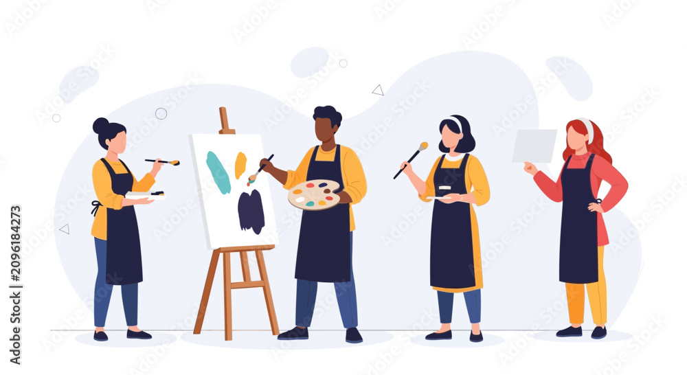 Obraz premium Diverse Group of People Painting Together in Art Class or Studio, Modern Flat Illustration