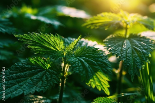 Stinging nettle leaf glowing in golden hour sunlight with sharp focus macro detail for herbal medicine and wellness marketing