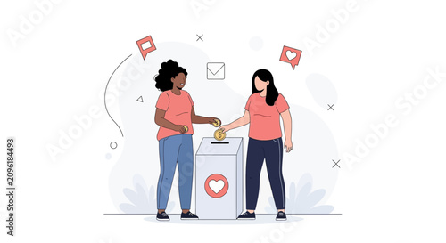 Diverse people donating coins to a charity box with a heart symbol, representing community support and voluntary giving