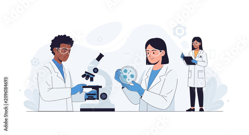 Diverse scientists in a modern laboratory setting, conducting research with microscopes and petri dishes, representing innovation and discovery.