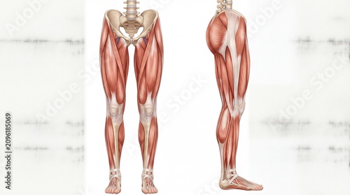 Front and side view of human leg anatomy showing detailed muscle structure, including thigh, calf, and hip muscles, with realistic illustration style for educational or medical use