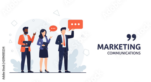 Diverse team discussing marketing communications with speech bubbles in modern flat vector illustration style.