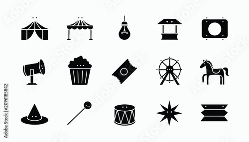Assortment of circus and carnival flat icons with simple design