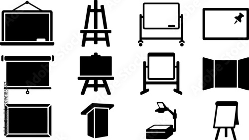 Educational classroom equipment icons set for presentations and teaching display