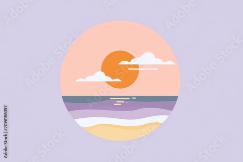 Sunset beach ocean horizon glowing in a circular frame with soft pastel colors for travel and lifestyle branding