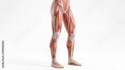Lower limb muscular system anatomy, human leg muscle structure, medical illustration showing thigh, knee, calf, and foot muscles, educational and scientific concept