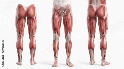 Lower limb muscular system anatomy showing detailed front back and side views of human leg muscles including thigh calf and gluteal muscles isolated on white background