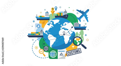 Global Logistics and Supply Chain Management Concept with Earth Globe, Cargo Ships, Airplane, and Customs Stamp for International Trade and Export-Import Industry