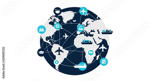 Global Logistics and Supply Chain Network Illustration with World Map, Cargo Ships, and Airplanes