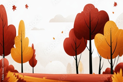 Autumn forest landscape with vibrant red and orange foliage in a minimalist soft focus composition for seasonal marketing