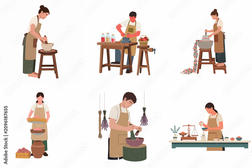 Fototapeta premium Collection of six illustrations showing people in aprons preparing herbal and spice products using traditional methods like grinding, sieving and weighing.