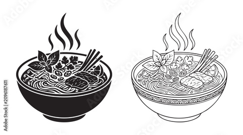 Fotografía bowls of steaming pho with garnishes and chopsticks featuring bowl, noodles, sou