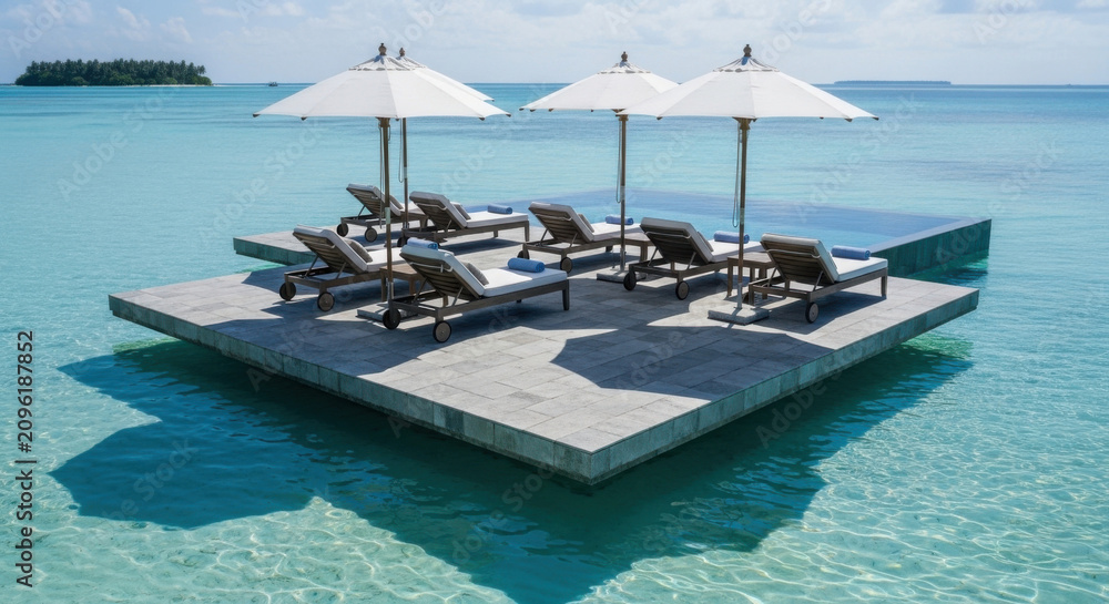 Fototapeta premium Exotic Overwater Resort With Infinity Pool And Lounge Chairs