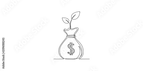 Continuous single line drawing of a money bag with a plant growing out of it symbolizing investment and growth