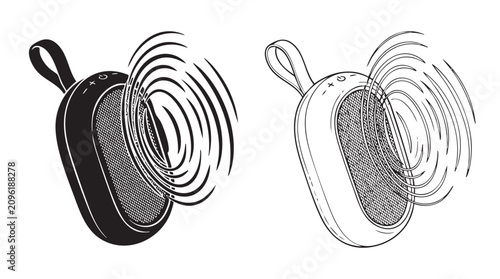 portable speaker with sound waves illustration featuring audio, music, device