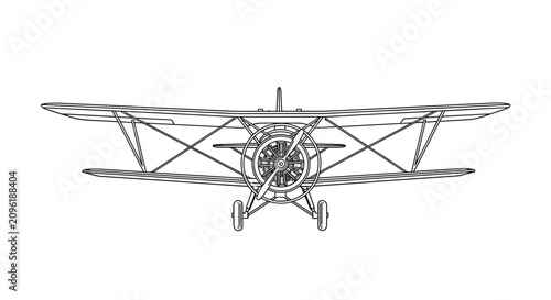 Detailed black and white technical line drawing of a classic vintage biplane propeller aircraft viewed from the front.
