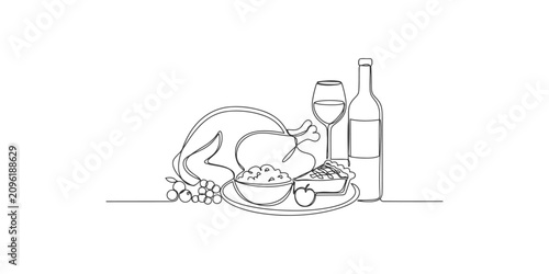 Cuadro en lienzo Continuous single line drawing of a thanksgiving dinner feast with roasted turke