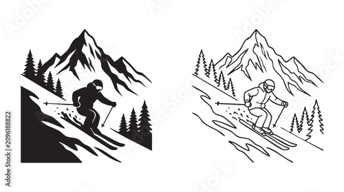 Foto skier descending snowy mountain with pine trees and peaks featuring skiing, snow